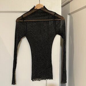 Sparkly Sheer Mesh Black Long Sleeve Lettuce-Edged Top